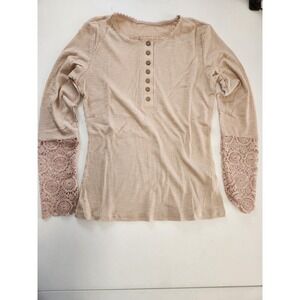 EVALESS Women Beige Ribbed Lace Sleeve Henley Top Shirt L